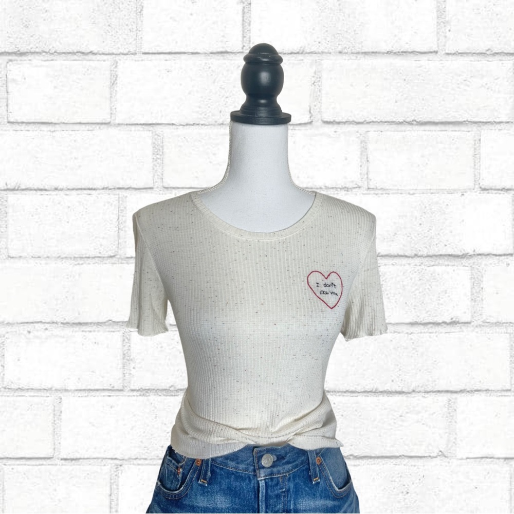 The Moon ‘I Don’t Like You’ Embroidered Ribbed Beige Pastel Top Size Medium